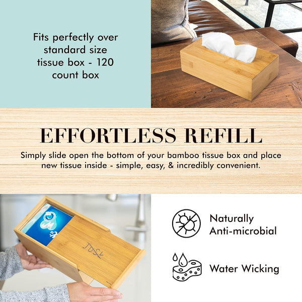 JUSK Design Tissue Box Holder - Modern, Minimalist, and Durable Wooden Tissue Box with Sliding Bottom, Easy-Refill- Premium-Quality Bamboo Tissue