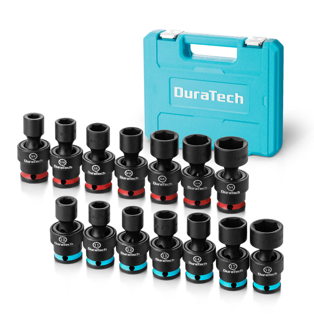 DURATECH 3/8" Drive Impact Swivel Socket Set, Shallow Universal Wobble Socket, Sae&Metric Socket Set with Flexible Joint