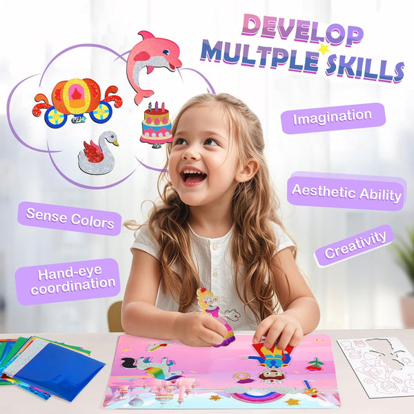 URMYWO Fun Foil Art Craft Supplies Kits, Princess Arts and Crafts for Kids Ages 4-8, No Mess DIY Creative Activity Sticker & Coloring Books,