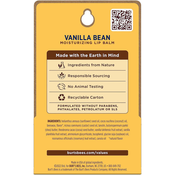 Burt's Bees Lip Balm - Vanilla Bean, Lip Moisturizer With Responsibly Sourced Beeswax, Tint-Free, Natural Origin Conditioning Treatment, 2 Tubes,