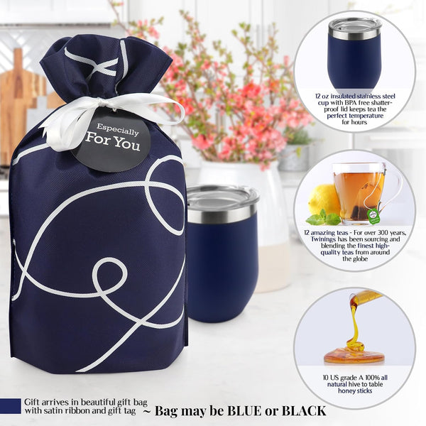 Tea Lovers Gifts Basket - Gift Set Include Temperature Retention Cup 12 Special Blend Teabags & Honey Presented in Beautiful Gift Bag for Women &