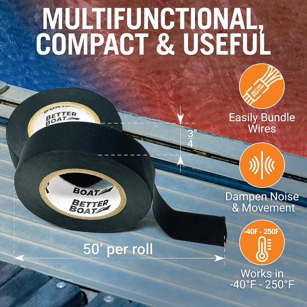 Better Boat Wire Harness Tape 5-Pack (250ft) - Cloth Electrical Tape Automotive & Marine Grade, Noise Dampening Wire Loom, Heat Resistant to 250F,