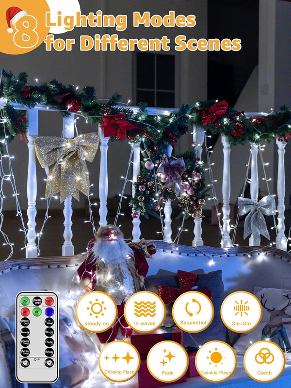 Christmas Lights 600LED 98FT, Waterproof Outdoor String Lights with Remote and Timer, 8 Modes Dimmable Fairy Lights for Indoor Outdoor Wedding