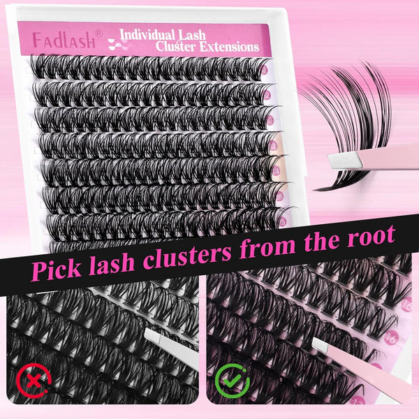 FADLASH DIY Lash Extension Kit Individual Lashes Cluster D Curl Eyelash Extension Kit with Lash Bond and Seal and Lash Applicator Tool for Self