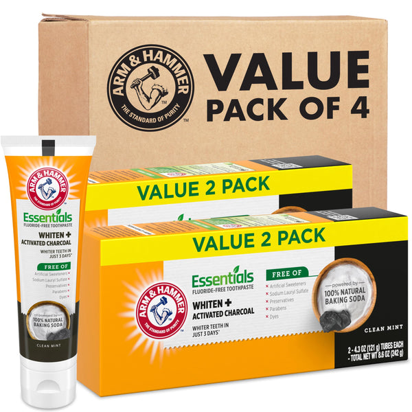 ARM & HAMMER Essentials Fluoride-Free Toothpaste, Whitening + Activated Charcoal Toothpaste, 4 Pack of 4.3oz Tubes, Clean Mint, 100% Natural
