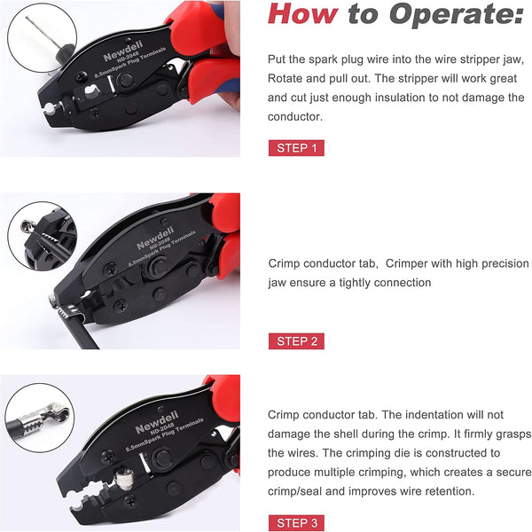 Spark Plug Wire Crimper, Newdeli Crimping Pliers for Spark Plug Stripping Tool, ND-2048 for Crimping and Stripping Spark Plug Wire, Dia