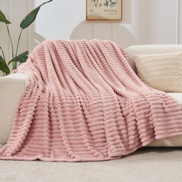 NEWCOSPLAY Super Soft Throw Blanket Pink Premium Silky Flannel Fleece 3D Ribbed Jacquard Lightweight Bed Blanket All Season Use (Pink Ribbed,