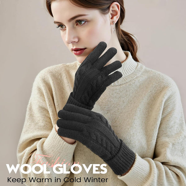 Pleneal Winter Gloves for Women Cold Weather - Womens Gloves Warm Touch Screen Fleece Lined Elastic Cuff Knit Glove 2 Pairs Black & Beige