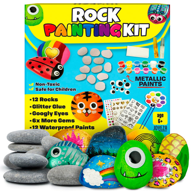 JOYEZA Rock Painting Kit Deluxe, Arts and Crafts for Girls Boys Age 6+, 12 Rocks Tween Gift Art Set, Waterproof Paints, 