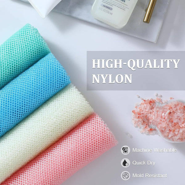 4 Pieces African Exfoliating Net, Long African Net Sponge, Nylon African Net Cloth, Exfoliating Washcloth, Body Scrubbers for Use in Shower, Back