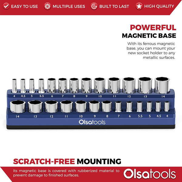 Olsa Tools Magnetic Socket Organizer - 1/4-Inch Drive Metric Socket Holder with Strong Magnets - Professional Tool Holder and Organizer - Stores