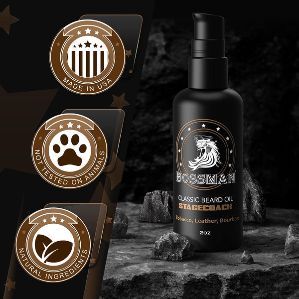 Bossman Organic Mustache & Beard Oil for Men, 2 oz – Natural Beard Moisturizer with Jojoba, Argan & Avocado Oils (Stagecoach Scent)