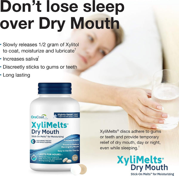 Oracoat XyliMelts for Dry Mouth Night Time or Day - Moisturizing Dry Mouth Adhering Discs, Sugar Free with Xylitol, 100 Count, Slightly Sweet