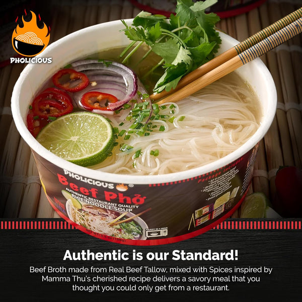 PhoLicious Instant Beef Pho, Authentic Vietnamese Rice Noodle Soup Kit with Spices & Broth Mix, Ramen Noodles Alternative, Quick Microwave Meal -