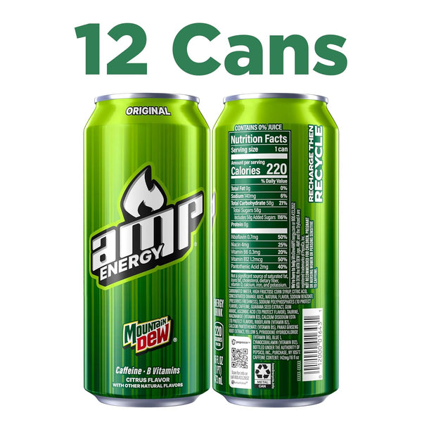 Mountain Dew AMP Energy Drink, Original, 16 fl oz cans (12 Pack) | Energy Drink with Caffeine & B Vitamins, Packaging May Vary 16 Fl Oz (Pack of 12)