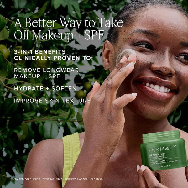 Farmacy Makeup Remover Cleansing Balm - Green Clean Waterproof Makeup Remover Balm + Oil Cleanser for Face - Gently Melts Make Up + SPF - Hydrates