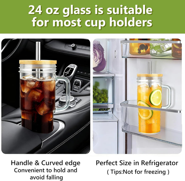 Birity 24oz Glass Cups with Lids and Straws,Glass Tumbler with Handle,2 set–Reusable Glass Ice Coffee Cups with Lid and Straw for