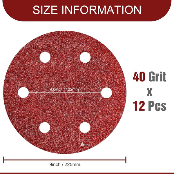Awutzut 9 Inch 6 Hole Sanding Discs 40 Grit Hook and Loop for Drywall Sander 12PCS 40 Grit 12.0