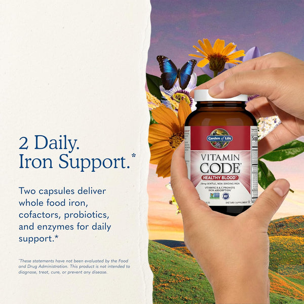 Garden of Life Vitamin Code Healthy Blood - Iron Supplement for Women, 60 Vegan Capsules, with Vitamins B, C, Trace Minerals, Fruit Veggies,
