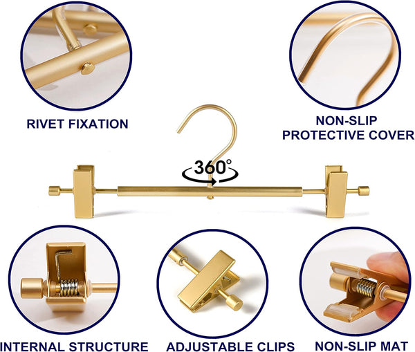 Amber Home 10 Pack Matte Gold Aluminum Pants Hangers, 12.2” Extra Smooth Metal Skirt Hangers with 2 Adjustable Non-Slip Clips, Light & Sturdy