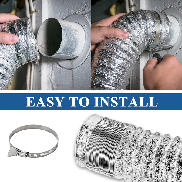 Funmit Dryer Vent Hose Kit - 4 In Diameter by 5 Ft Length - with 2 Stainless Steel Worm Clamp - Flexible Universal Aluminum Foil Non-Insulated -