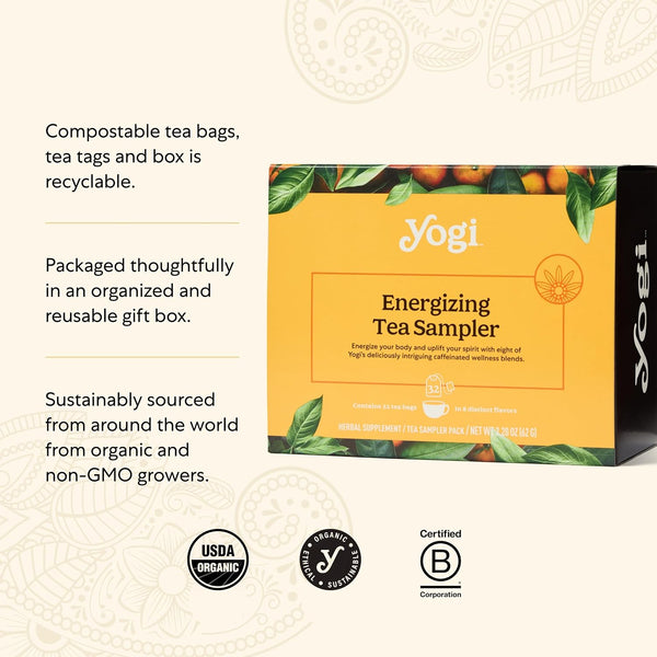 Yogi Organic Tea Energy Sampler Box, 32 Tea Bags (4 Bags Per Flavor) 2.20 OZ