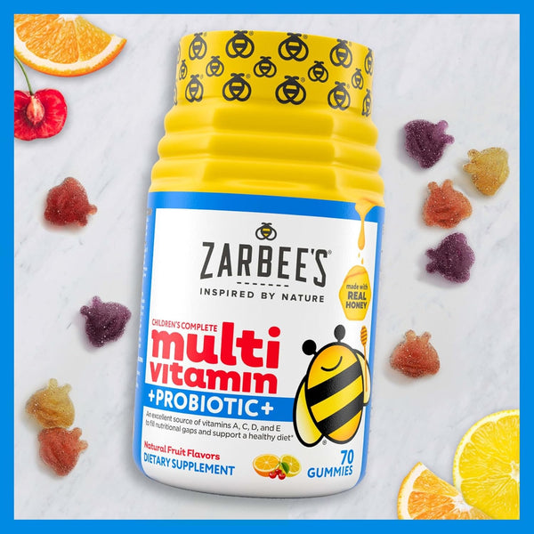 Zarbee'S Kid'S Complete Daily Multivitamin + Probiotic Gummies with Vitamins a B C D E & Zinc for Digestive Health Easy to Chew, Natural Fruit 70