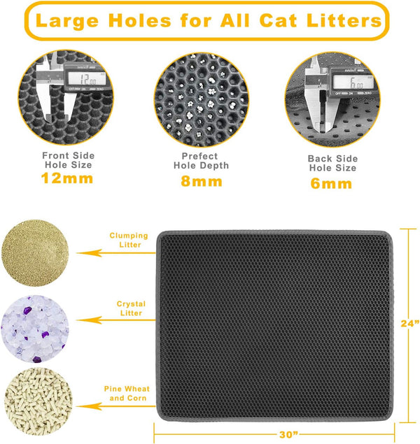 Cat Litter Mat Grey Trapping for Litter Box, XL Jumbo 30 X 24 In, Urine & Waterproof, Honeycomb Double Layer anti Tracking Kitty Mats, No