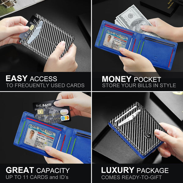 GSOIAX Novelty Slim Wallet for Men Leather Carbon Fiber RFID Blocking Minimalist Front Pocket Bifold mens Wallet with ID Window,12 Credit Card