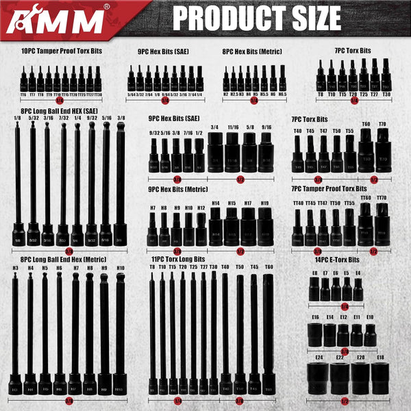 AMM 107PCS Allen and Torx Bit Socket Set, 1/4", 3/8" and 1/2" Drive,Extra Long Torx/Tamper Proof Torx/Hex/Ball End Hex,Sae/Metric Socket Set, S2
