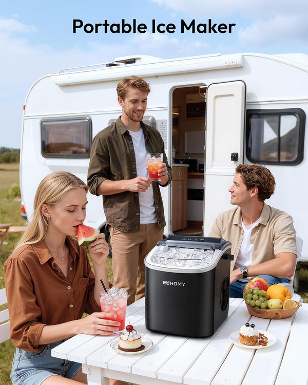 EUHOMY Countertop Ice Maker Machine with Handle, 26lbs in 24Hrs, 9 Ice Cubes Ready in 6 Mins, Auto-Cleaning Portable Ice Maker with Basket and