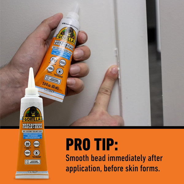 Gorilla 100% Silicone Caulk, Waterproof Sealant, 2.8oz Squeeze Tube (Pack of 2) – White -10 Year Mold Resistant Kitchen, Window, Bath, Marine,
