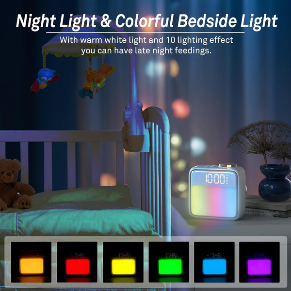 AIRIVO Alarm Clock Night Lights, Built-in Battery Alarm Clock for Bedrooms, 6 Scenes & White Noise Sync, Dual Alarms & Snooze, for Heavy Sleepers,