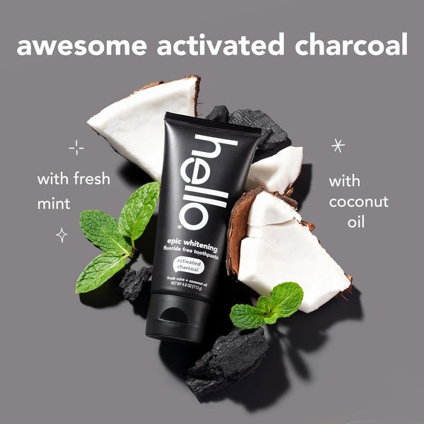 Hello Epic Whitening Charcoal Fluoride Free Toothpaste, Activated Charcoal Toothpaste with Coconut Oil, Whitens Teeth Naturally, SLS Free, Fresh