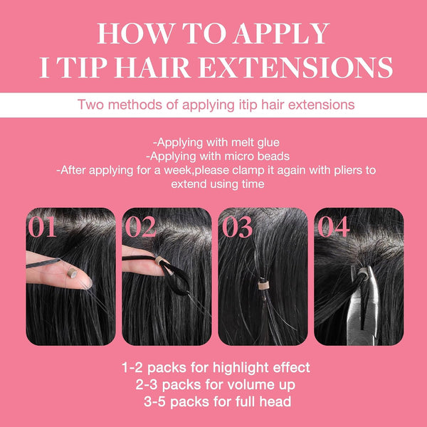 GOO GOO I Tip Hair Extensions Real Human Hair, 14inch 50g 100S, Cold Fusion I Tip Hair Extensions, Invisible Remy Hair Extension, 1 Jet black I-