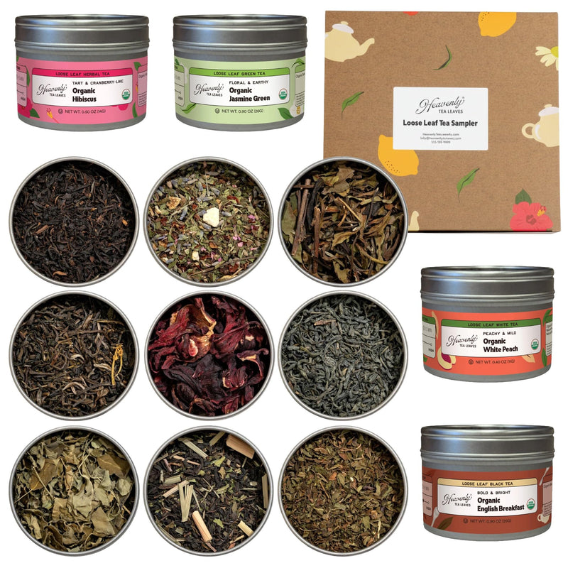 Heavenly Tea Leaves Organic 9 Flavor Variety Pack, Loose Leaf Tea Sampler | Approximately 90 Cups, Assorted Black, Green, White, Rooibos, & Herbal