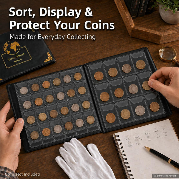 300-Pocket Coin Collection Album for Coins up to 38mm | PU Leather, 240 Small and 60 Large Pockets, Clear Anti-Drop Sleeves for Coin Collectors,