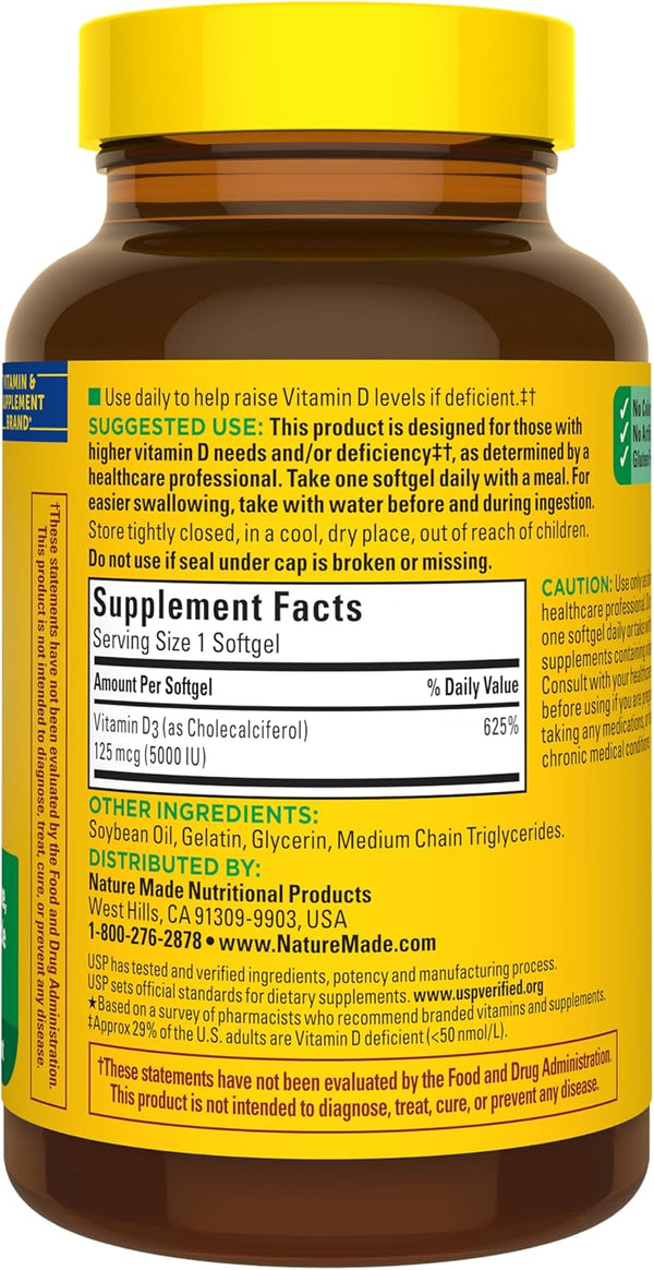 Nature Made Extra Strength Vitamin D3 5000 IU (125 Mcg), Dietary Supplement for Bone, Teeth, Muscle and Immune Health Support, 360 Softgels, 360