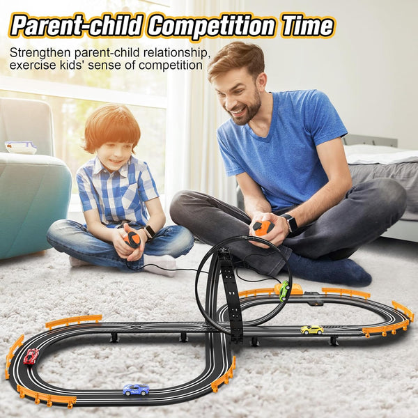 Slot-Car-Race-Track-Sets for Boys Kids, Battery or Electric Race Car Track with 4 High-Speed Slot Cars, Dual Racing Game 2 Hand Controllers