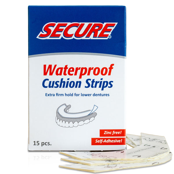 Secure Denture Adhesive Strips – Zinc Free – Waterproof – Comfortable Cushion Fit for Lowers – Extra Firm All-Day-Hold – No Mess – Clean