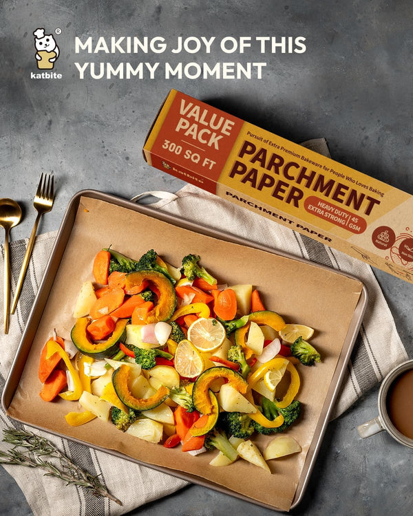 Katbite Unbleached Parchment Paper Roll, 15in x 242ft, 300 Sq.Ft, Non-Stick with Serrated Cutter for Baking, Cooking, Air Fryer 15 in x 242 ft