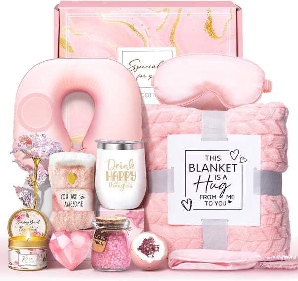 Birthday Gifts for Women Self Care Gifts Get Well Soon Gifts for Women,Relaxing Spa Gifts Basket W/Flannel Blanket Traveling Pillow Care Package