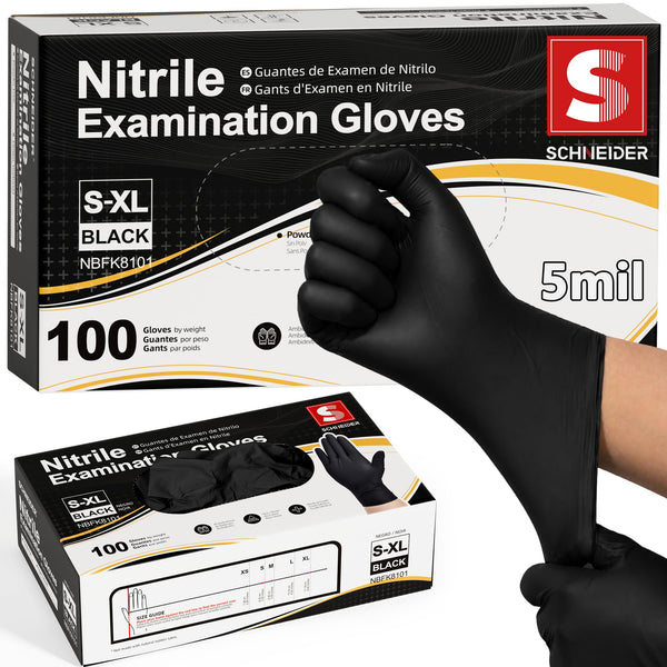 Schneider Black Nitrile Gloves, Gloves Disposable Latex Free, Powder Free Black Large 100