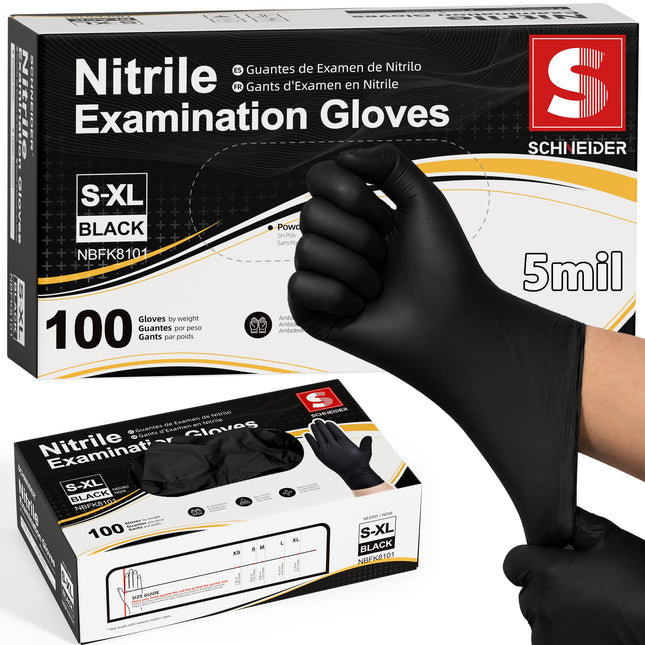 Schneider Black Nitrile Gloves, Gloves Disposable Latex Free, Powder Free Black