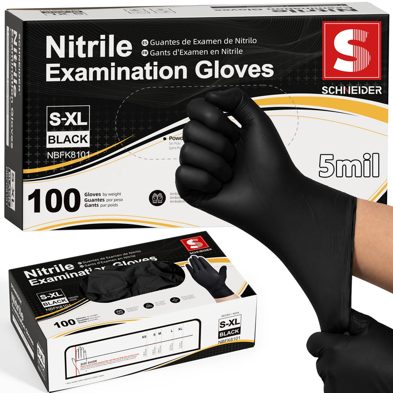 Schneider Black Nitrile Gloves, Gloves Disposable Latex Free, Powder Free Black Large 100