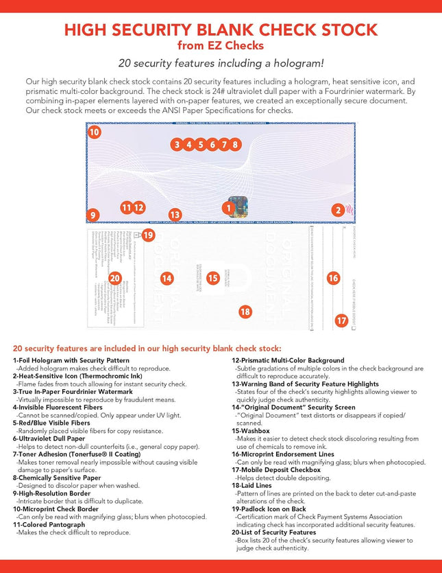 EZ Checks High Security Check Paper with Hologram & 20 Security Features | 500 S