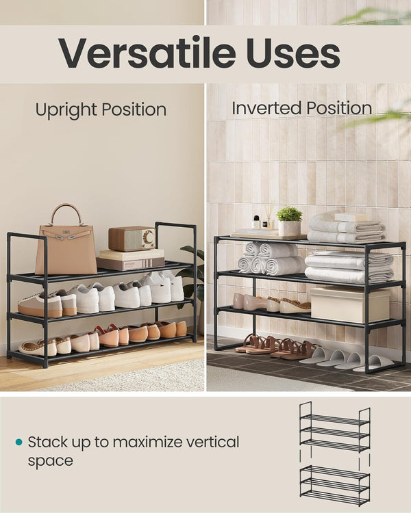 SONGMICS Shoe Rack, 3-Tier Shoe Organizer, Metal Storage Shelf, Upright or Upside Down, for 16-20 Pairs, Stackable, for Entryway, 11.8 x 36.2 x
