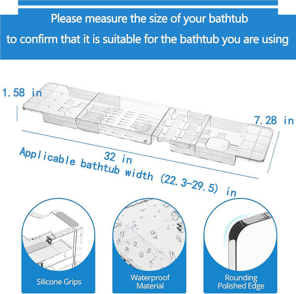 Expandable Bathtub Tray,Clear Plastic Anti-Slip Bath Tub Shelf Caddy Tray,Luxury Bathtub & Bathroom Accessories for Relaxing Spa,Suitable for