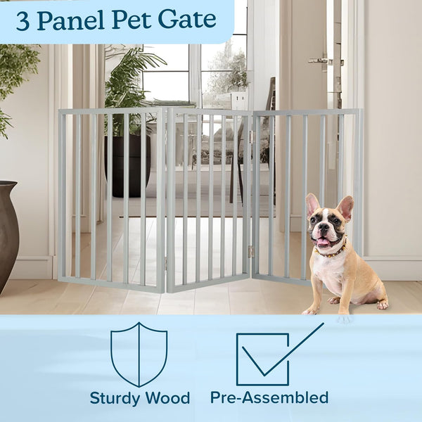 Pet Gate - 3-Panel Indoor Foldable Dog Fence for Stairs, Hallways, or Doorways - 54x24-Inch Retractable Wood Freestanding Dog Gates by PETMAKER