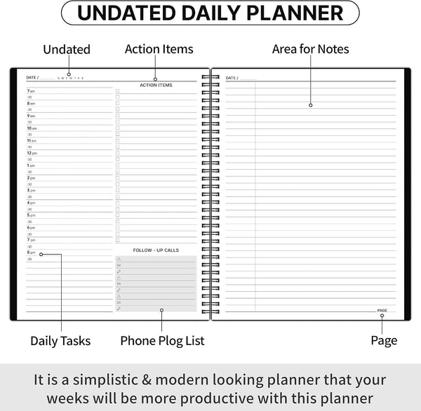 Daily Planner Undated - Spiral Appointment Planners, 208 Pages, 8.8" x 11", Daily Planner with Hourly Schedules, Appointment Book for Man/Women,